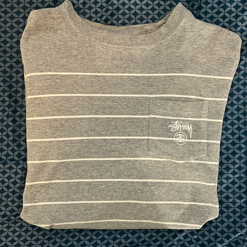 Stussy Gray & White Striped Long Sleeve Pocket Tee
